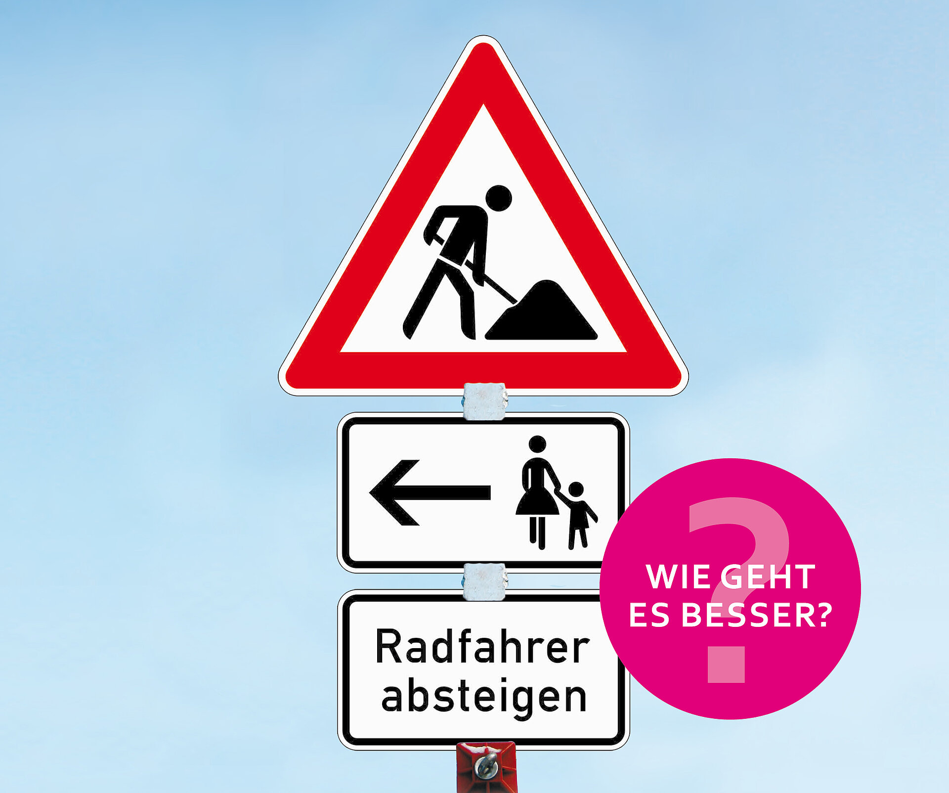 Komposition: Baustellen-Verkehrszeichen, darunter werden Zufußgehende aufgefordert, auf die andere Straßenseite zu wechseln und darunter werden Radfahrende aufgefordert, abzusteigen.