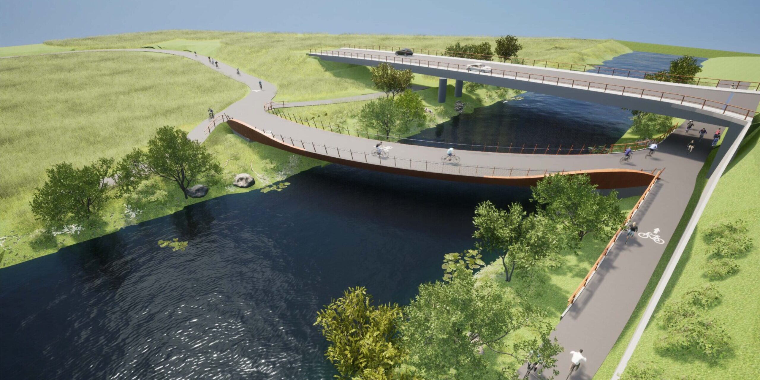 Visualisierung einer Brücke für Radfahrende, die neben einer Brücke für Autos verläuft. Die Brücken überspannen einen Fluss. 